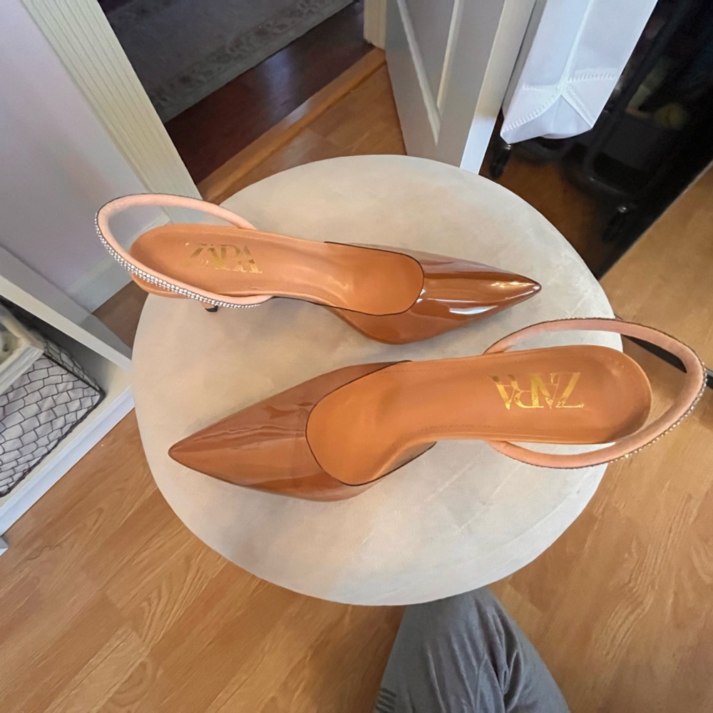 Brown transparent Zara heels with diamond sling back